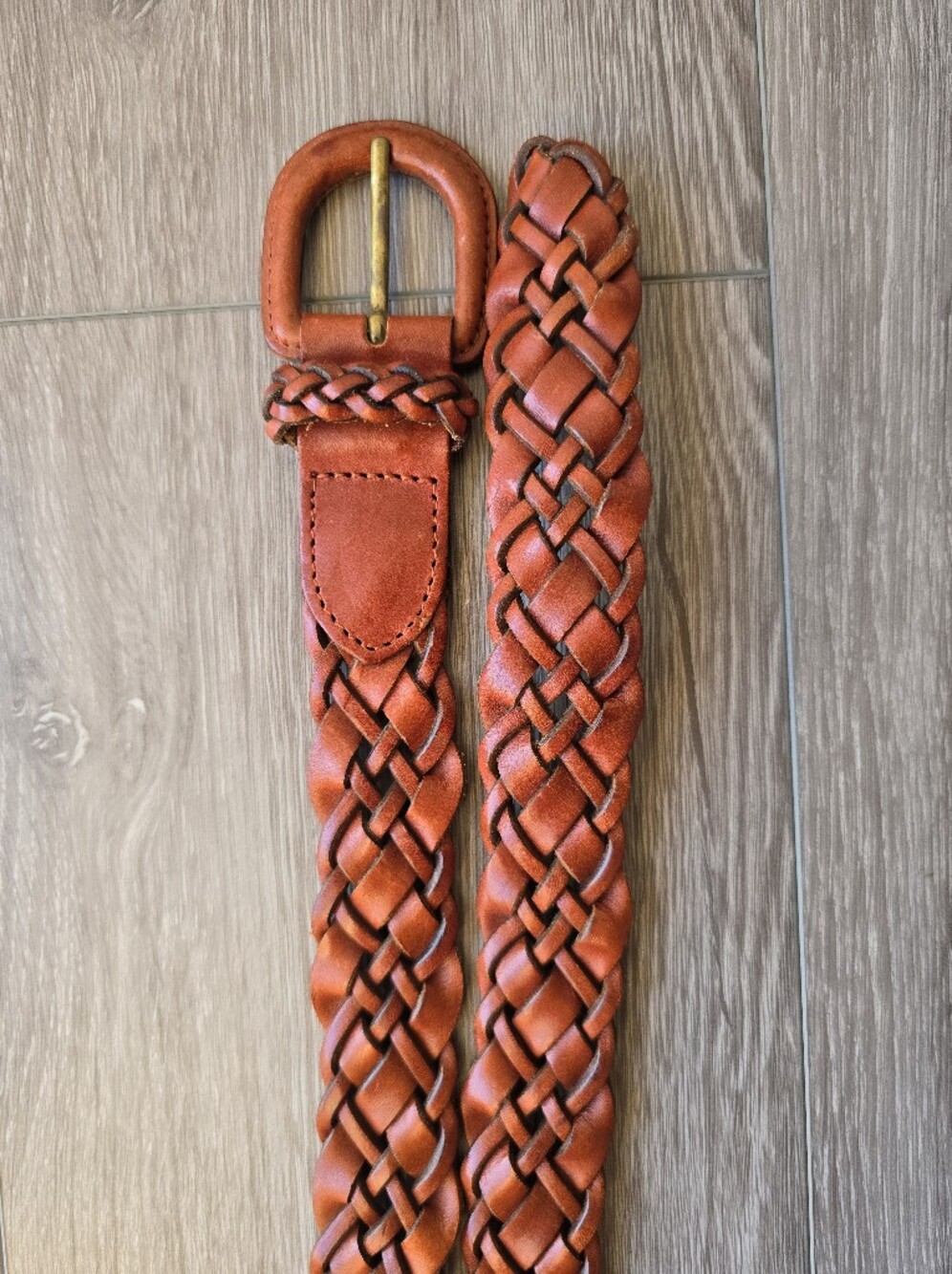 Lands End Vintage Braided Woven Leather Belt Cognac Brown Wrapped Buckle Sz 34